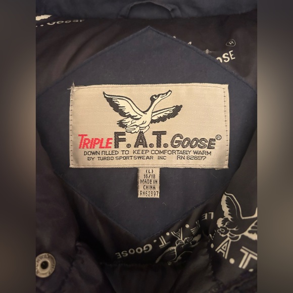 VINTAGE Triple F.A.T. Goose Jacket Boys Large Down Filled Parka Blue No Hood - Picture 2 of 16